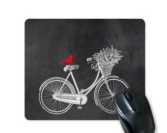 Bicycle Mouse Pad with Red Bird, Cottage Chic Office Decor, Gifts for Her