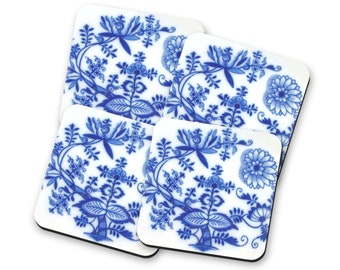 Blue Onion Coasters Set, Cottage Coffee Table Decor