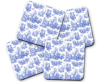 Blue Toile Coasters Set, French Country Coffee Table Decor