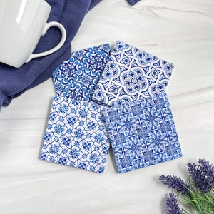 Blue Tile Stone Drink Coasters, Blue and White Coffee Table Decor, Boho Barware, Bohemian Housewarming Gift