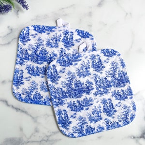 Blue Toile Pot Holders - French Country Cottage Decor - Set of 2