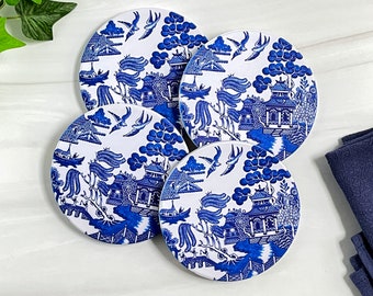 Blue Willow Stone Drink Coasters - Chinoiserie Table Decor