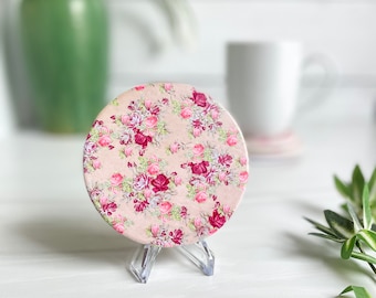 Pink Floral Stone Coasters, Cottage Core Coffee Table Decor