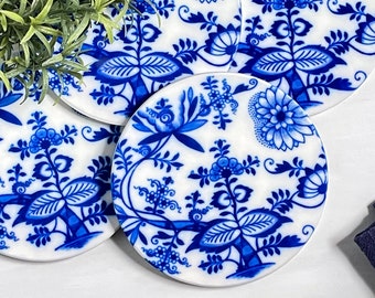 Blue Onion Ceramic Coasters Set - Flow Blue and White Table Decor