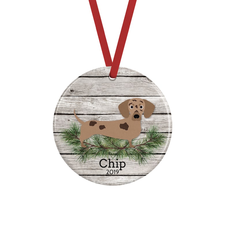 May include: A round ceramic ornament featuring a light brown dachshund with dark brown spots, standing on green pine needles against a light gray wood grain background. The text Chip and 2019 is printed in black below the dog, with a red ribbon.