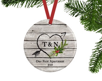 Our First Apartment Christmas Ornament, Personalized Gift for Couples with Heart