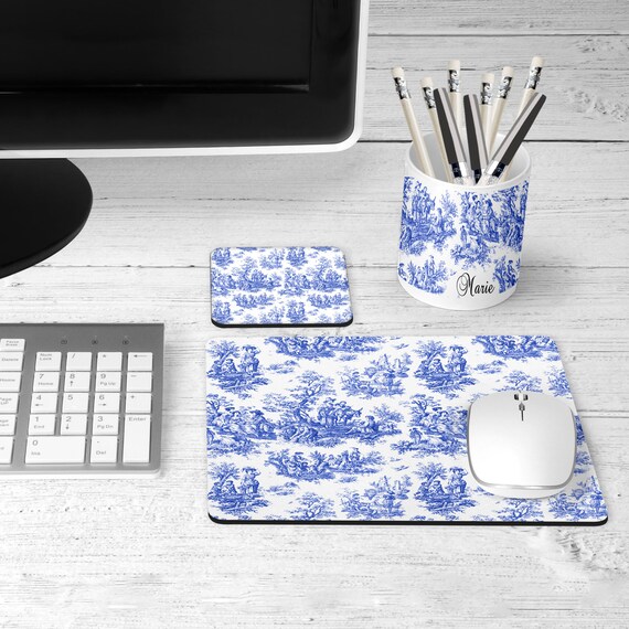Blue Toile Desk Set Personalized Pencil Holder Mouse Pad Etsy