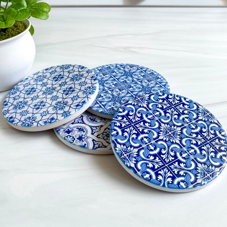 Blue Tile Stone Drink Coasters Boho Coffee Table Decor Boho Barware Bohemian Housewarming Gift image 3