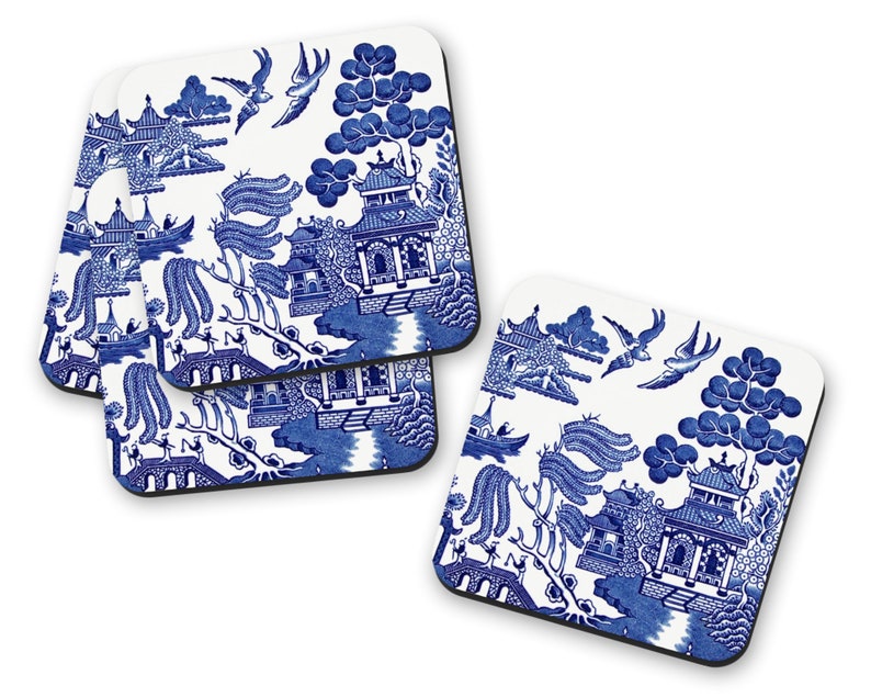 Blue Willow Coaster Set Vintage Style Drink Coasters Blue Etsy