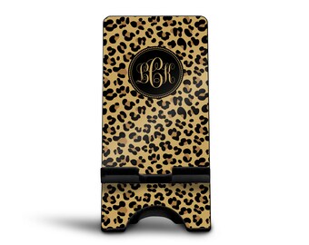 Monogrammed Cell Phone Holder with Leopard Print - Personalized Desk Decor