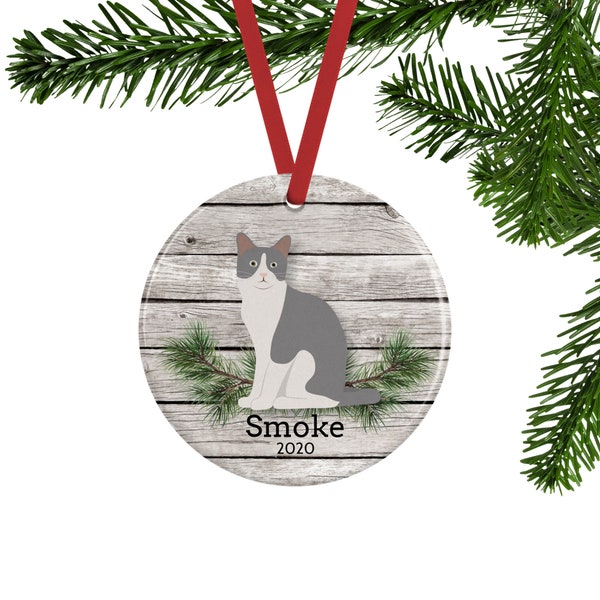 Gray and White Bicolor Cat Ornament, Personalized Memorial Gifts