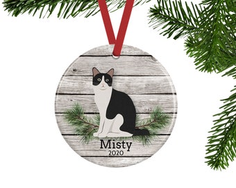 Black and White Bicolor Cat Ornament, Personalized Memorial Gifts