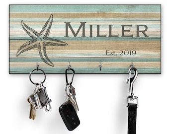 Beach House Key Holder for Wall, Personalized Key Hanger, Starfish Entryway Wall Decor, Name Signs, Coastal Decor, Housewarming Wedding Gift