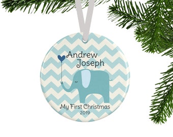 Baby's First Christmas Ornament with Blue Elephant, Personalized Baby Boy Gift