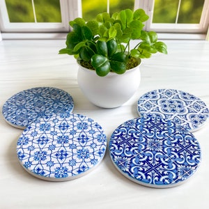 Blue Tile Stone Drink Coasters Boho Coffee Table Decor Boho Barware Bohemian Housewarming Gift image 1