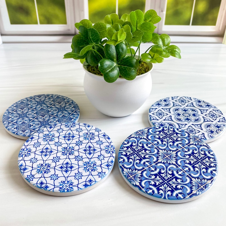 Blue Tile Stone Drink Coasters Boho Coffee Table Decor Boho Barware Bohemian Housewarming Gift image 1