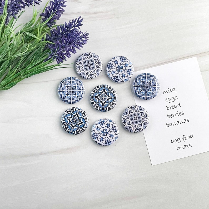 Blue Tile Print Refrigerator Magnets, Blue Kitchen Decor, Hostess Gifts image 1