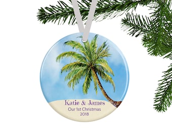 Our First Christmas Ornament, Personalized Couples Gift, Bridal Shower Gift, Wedding Gift, Tropical Palm Tree Beach Christmas Decor