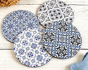 Blue Tile Print Drink Coasters, Vintage Style Coasters Set, Coffee Table Decor, Boho Barware Coasters for Drinks, Housewarming Gift