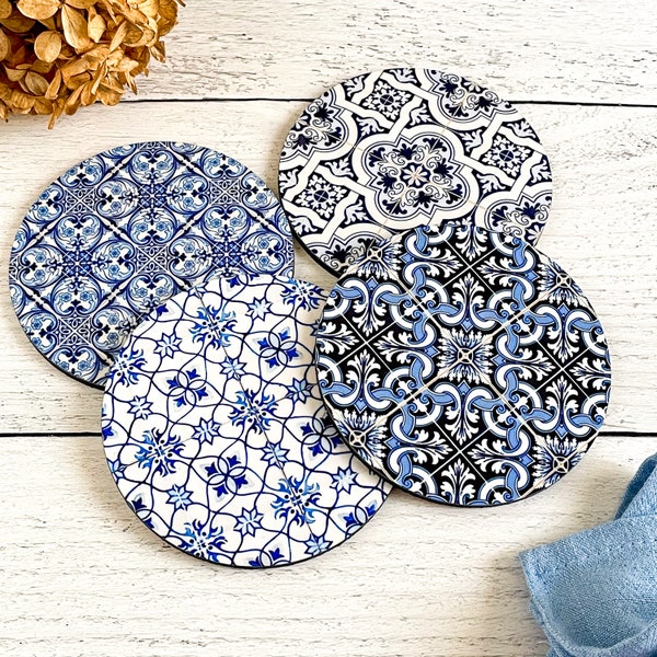 Blue Tile Print Drink Coasters, Vintage Style Coasters Set, Coffee Table Decor, Boho Barware Coasters for Drinks, Housewarming Gift