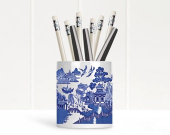 Blue Willow Pen and Pencil Holder - Vintage Style Office Decor