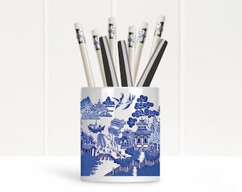 Blue Willow Pen and Pencil Holder - Vintage Style Office Decor