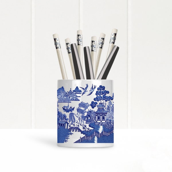 Blue Willow Pen and Pencil Holder - Vintage Style Office Decor