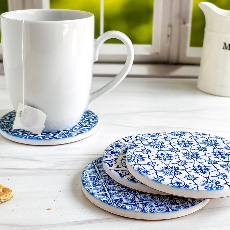 Blue Tile Stone Drink Coasters Boho Coffee Table Decor Boho Barware Bohemian Housewarming Gift image 4