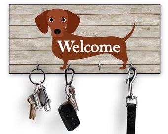 Dog Key Holder for Wall, Dachshund Wall Decor, Welcome Sign Key Hanger Key Hooks Rack, Housewarming or Dog Lover Gifts, Doxie Wiener Weiner