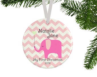 Baby's First Christmas Ornament, Personalized Baby Girl Gift with Pink Elephant