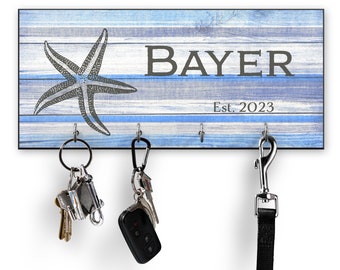 Beach House Key Holder for Wall - Personalized Starfish Key Hanger - Coastal Wall Decor