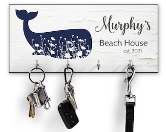 Personalized Key Holder for Wall with Whale - Beach House Wall Decor