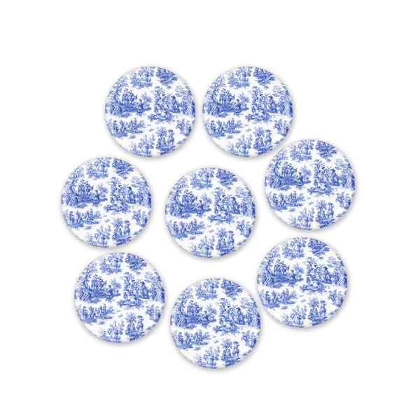 Blue Toile Refrigerator Magnets Set, French Country Farmhouse Decor