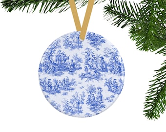 Blue Toile Christmas Ornament - French Country Christmas Decor