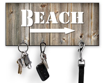Beach House Key Holder for Wall, Beach Sign with Arrow