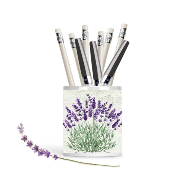 Modern Farmhouse Pen and Pencil Holder with Lavender Flowers - Home Office Decor