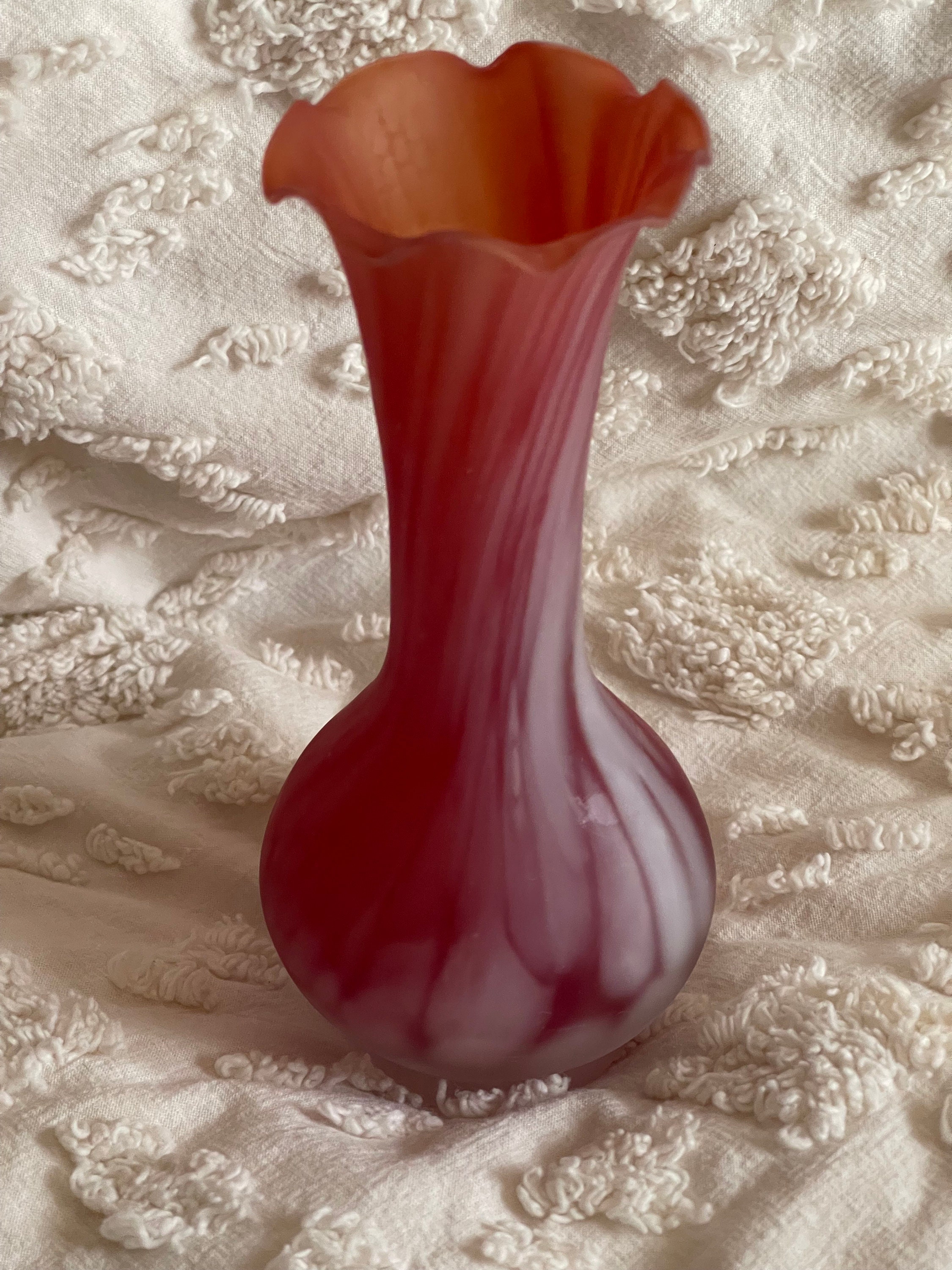 Vintage Satin Finish Art Glass Red with White Swirl Pattern Fluted Bud Vase