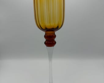 Vintsge Amber and Clear Glass Ribbed Long Stem Candle Holder