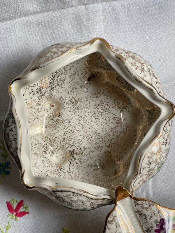 Vintage Footed Trinket Box: Gold Violets Candy Dish View 3