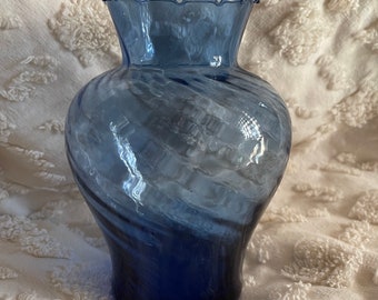Vintage Anchor Hocking Blue Optic Swirl Pattern Art Glass Vase