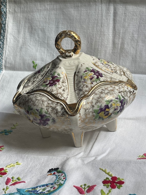 Vintage Footed Trinket Box: Gold Violets Candy Dish