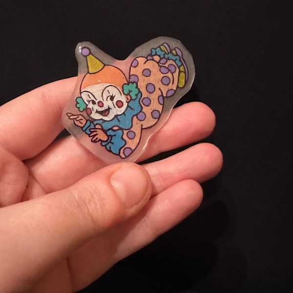 Handmade kewpie clown shrink plastic pin
