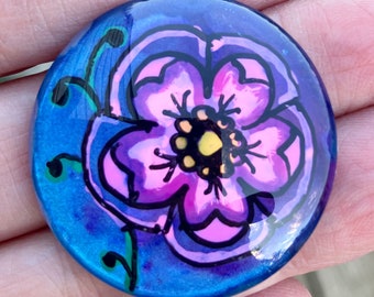 Art glass cabochon, 35mm, floral cabochon, shimmering ink, Hand painted glass cab, round, glass dome, A062