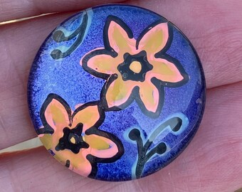 Art glass cabochon, 25mm cabochon, shimmering ink, Hand painted glass cab, round, glass dome, A166