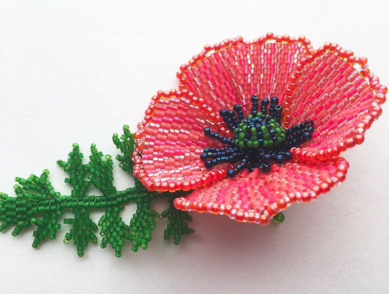 Seed bead pattern, Beading Tutorial, beaded Poppy Flower, bead weaving design, PDF Downloadable Tutorial image 1