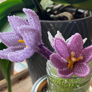 Op de afbeelding: Twee paarse kralenbloemen met gele centra in een glazen pot. De bloemen zijn gemaakt van kleine kralen en hebben een delicaat, ingewikkeld ontwerp.