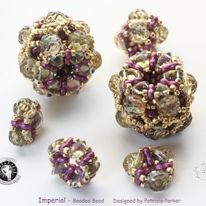 May include: Close-up of five beaded spheres in shades of gold, brown, and purple. The spheres are made with small beads and have a geometric design. The text "Imperial - Beaded Bead Designed by Patricia Parker" is at the bottom of the image.