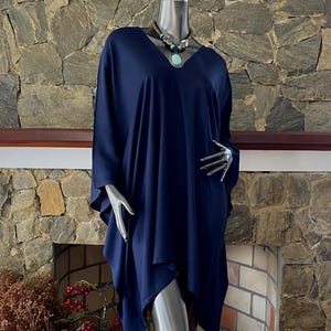 Elegant Solid Deep Blue Hand dyed Cover Up, Beach Bikini V neck Casual Poncho Tunic Top blouse, Lounge Loose fit short Dress, One Size