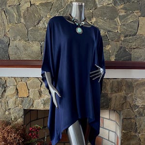 Solid Deep Blue Hand dyed Cover Up, Beach Bikini Cover Up, Poncho Top blouse Tunic, Lounge Loose Fit short Caftan, Vacation, Work from Home