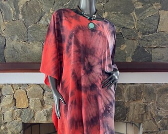 Coral Spiral Hand Dyed Shibori Rayon Cover Up, Wearable Art Poncho Blouse, One Size